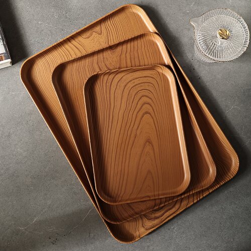 仿木纹塑料托盘长方形茶盘餐盘家用水杯收纳盘咖啡厅蛋糕木质盘子 - 图0