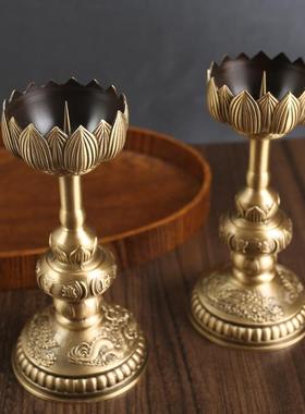 黄铜烛台摆件底座一对家用拜神供奉佛前灯座高脚蜡烛台铜制品