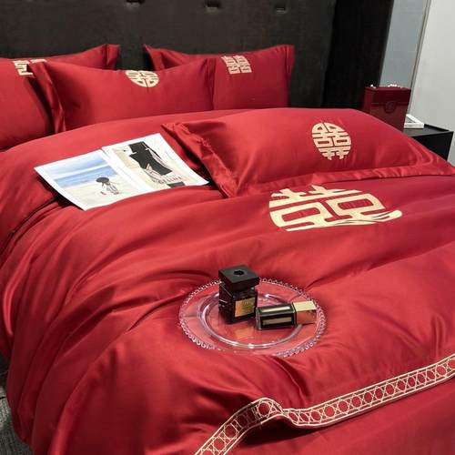 大红色水洗棉磨毛结婚床上四件套新婚庆床品床单婚礼嫁喜被套床笠 - 图0