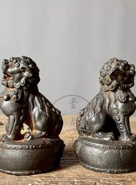 铸铁坐鼓狮子一对 狮子 案头摆件 复古怀旧居家摆设收藏吉祥