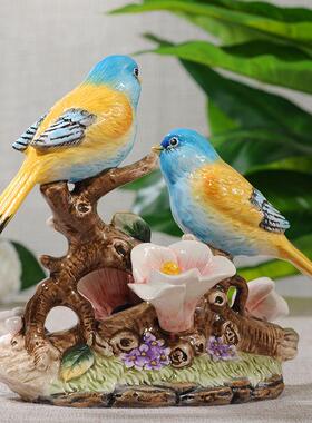 陶瓷蓝鸟玉兰花家居小摆件婚礼动物工艺品生日礼物卧室床头柜摆设