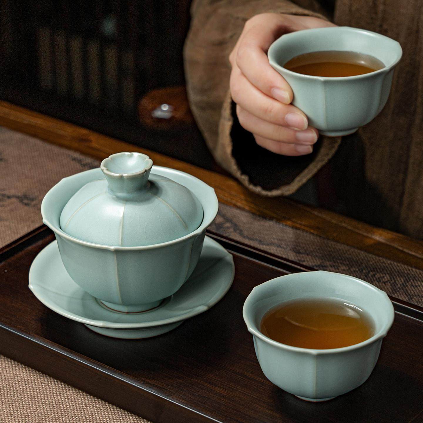 汝窑才碗茶杯套装M8101泡盖茶碗景德镇汝瓷功夫盒茶三具复古青瓷,淘宝优惠券,粉丝福利购,淘宝优惠卷