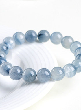 久雅水晶7A级天然蓝兔毛圆珠手链蓝色细发晶散珠手串厂家直销