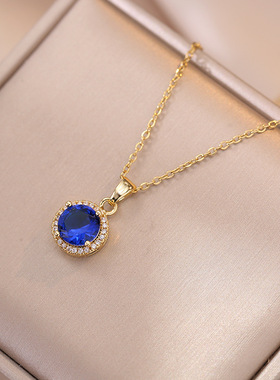 项链女网红蓝色锆石几何小众时尚新款设计感吊坠气质套装钛钢项链