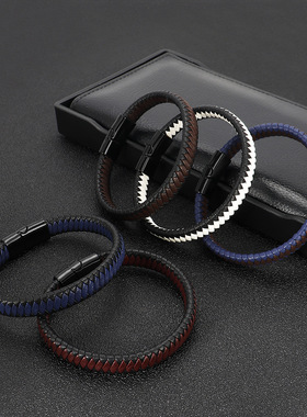 电商新款混色手工编织皮手链男士欧美风合金磁扣手镯现货