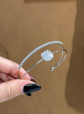 韩系双层开口方形锆石手镯轻奢高级感手环简约时尚小众个性手饰品