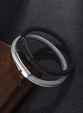 饰品极简风手工编织皮绳不锈钢情侣手链男女设计感学生手环