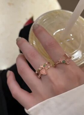 双层爱心锆石开口戒指女秋冬轻奢小众设计高级感食指戒独特指环潮