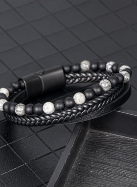 新款时尚男士串珠手链简约编织款皮手环高级百搭合金磁扣手饰