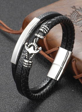 欧美时尚不锈钢船锚皮手链男士多层牛皮编织外贸钛钢手镯饰品