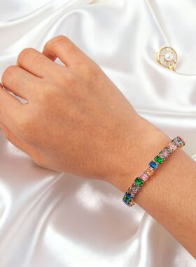 欧美爆款彩色方形锆石手镯时尚个性高级感百搭气质开口手饰女