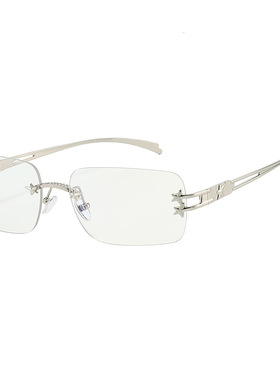 无框星星墨镜女方圆脸显瘦欧美Y2K复古千禧辣妹方框遮阳太阳眼镜