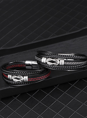 亚马逊新款8字无线符号皮绳手链男士欧美个性复古多层编织皮手镯