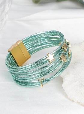 新款手工彩色编织皮革女士手链五角星时尚手环合金磁扣民族风手镯