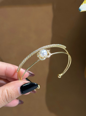 锆石珍珠花朵双层开口手镯温柔甜美优雅气质手环轻奢高级感手饰女