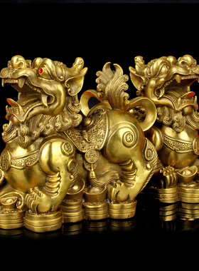 黄铜金钱貔貅摆件大号一对雌雄皮休工艺品聚宝盆摆设