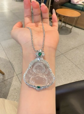 天然高冰玉髓白冰佛笑吊坠镀925银镶玉石项链佛公弥勒佛情人节