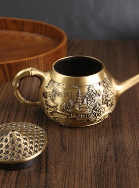 精品全黄铜山水楼阁长嘴斗笠渔翁茶壶纯铜精美茶具茶柜装饰摆件鱼