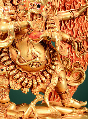 欧斯特《六臂玛哈嘎拉铜像》西藏铜全鎏金雕花客厅装饰