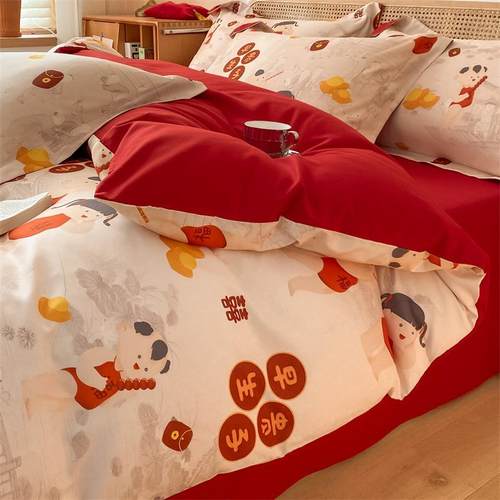 红色喜庆结婚床上用品四件套轻奢高级感被套床单新婚喜被厂家 - 图0