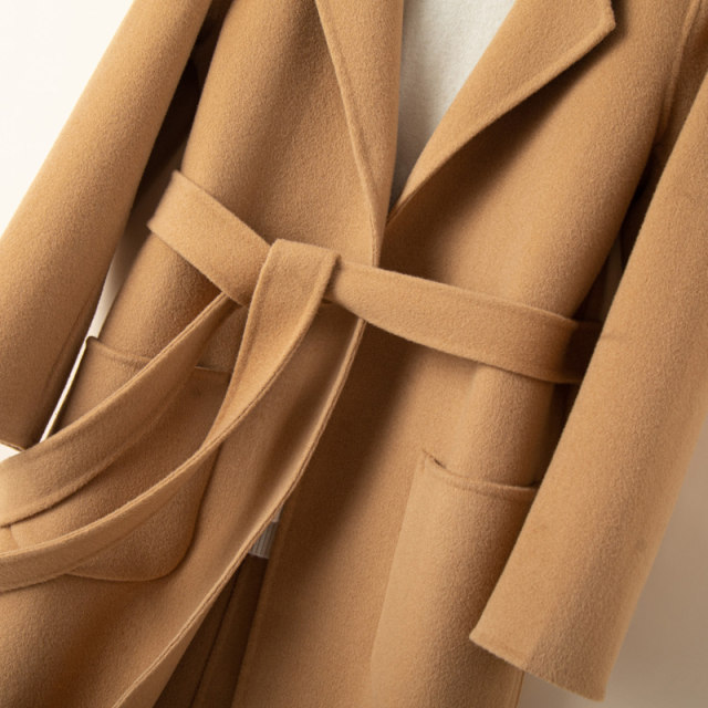 New autumn and winter double-sided cashmere coat for women mid-length knee-length suit collar solid color lace-up bathrobe woolen coat