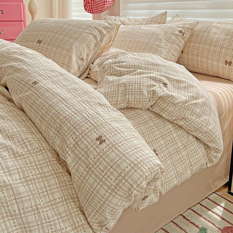 Maternity-grade four-piece set of thickened jacquard bubble cotton double-layer gauze dormitory bedding sheets, quilt cover and fitted sheet