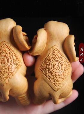太行崖柏木雕手把件富贵吉祥小象雕刻实木工艺品木制大象车摆件