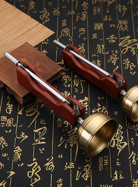 自动引磬可伸缩引l馨纯铜加厚木长柄引庆佛堂家用铜罄助念法器