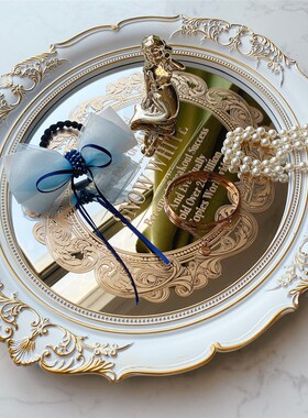 欧式复古怀旧 镜面托盘鎏金v印花轻奢盘美容院精油化妆品首饰 包