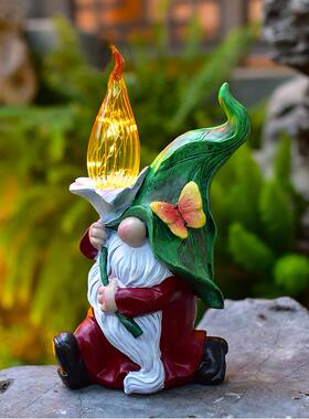 户外树脂侏儒摆件工艺品太阳能小矮人雕像庭院装饰花园草坪灯