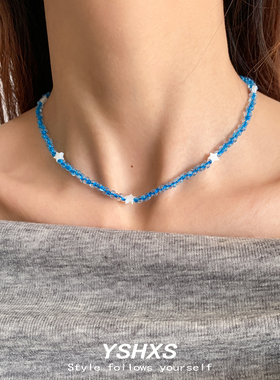 蓝色复古星星串珠锁骨链女