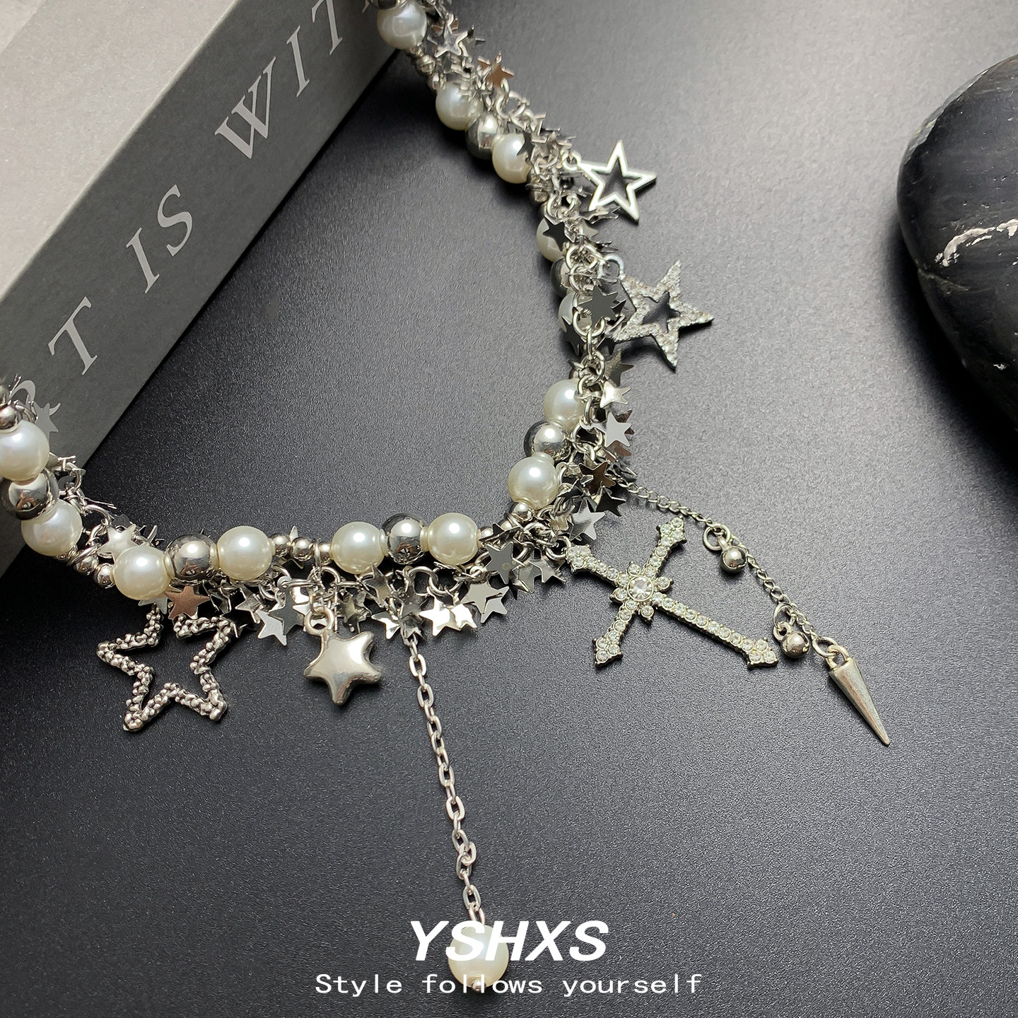 YSHXS银色星星十字架流苏吊坠项链女小众设计感拼接毛衣链配饰,淘宝优惠券,粉丝福利购,淘宝优惠卷