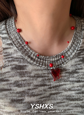 红色爱心圆珠设计感锁骨链女款
