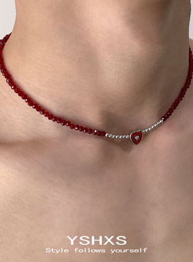 甜酷红色水晶爱心串珠项链