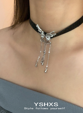 暗黑蝴蝶流苏黑色皮革项链甜酷辣妹颈链朋克choker项圈高级感配饰