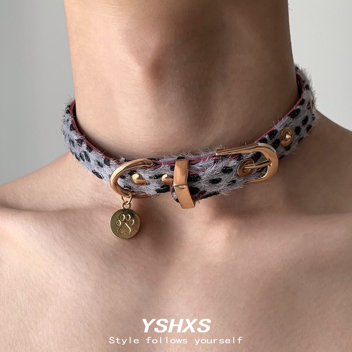 Y2K甜酷辣妹豹纹猫爪choker小众设计感项圈朋克皮革颈带项链,淘宝优惠券,粉丝福利购,淘宝优惠卷
