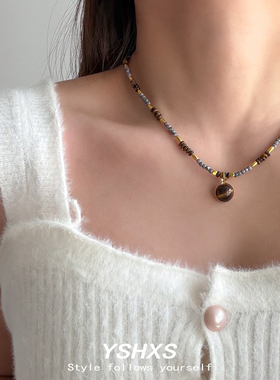 虎眼石串珠项链女复古轻奢锁骨链