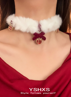白色毛绒项圈红色福牌项链蝴蝶结choker秋冬圣诞颈链拍摄配饰百搭