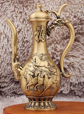 黄铜八骏马酒壶复古酒具金属酒壶中式高端宴会送礼铜器家居摆件
