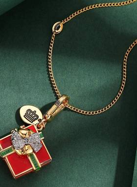 跨境时尚珐琅釉蝴蝶结红色方形圣诞礼物盒子可打开吊坠项链挂饰女