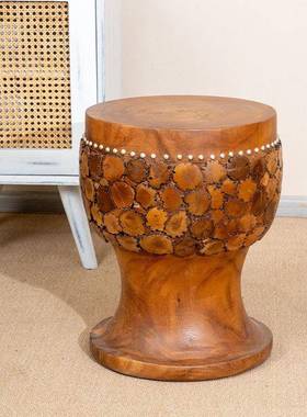 泰国柚木鼓凳仿古中式实木圆凳鼓墩实木坐墩古筝凳客厅茶几矮凳