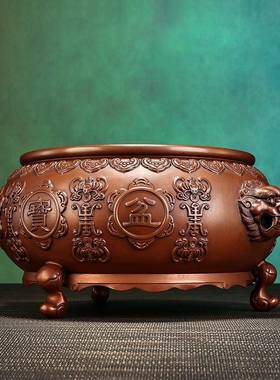 网红-紫铜三足双狮耳聚宝盆家居摆件办公室桌面摆设