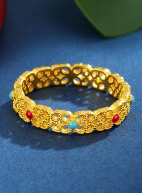 复古简约黄色花丝珐琅戒指镂空轻奢环百搭小众时尚精致金指女戒指