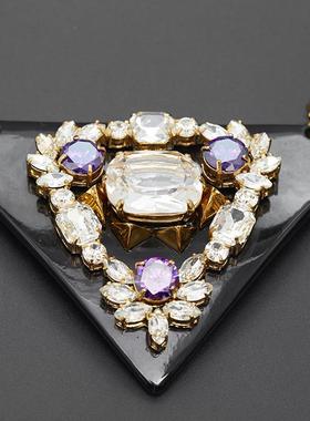 欧美个性轻奢时尚气质紫水晶宝石花朵黑色大三角板礼服锁骨项链女