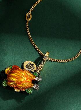 潮个性时尚创意挂饰珐琅釉印花黑色方形托盘立体烧鸡蔬菜柠檬吊坠