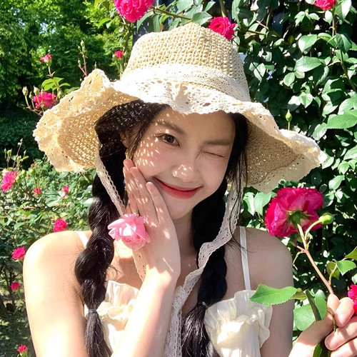 氛围感蕾丝系带手工编制草帽子女春海边度假遮阳防晒帽太阳沙滩帽 - 图0