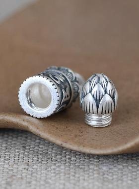 网红-足银复古银饰六字真言项饰S925银莲花放经文嘎乌盒吊坠