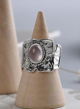 网红款 S925银复古做旧银饰指环 女时尚亮面镶嵌粉晶开口戒指