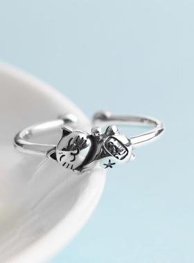 网红- 文艺时尚小花猫指环手饰 复古设计感猫咪银饰S925银戒指女