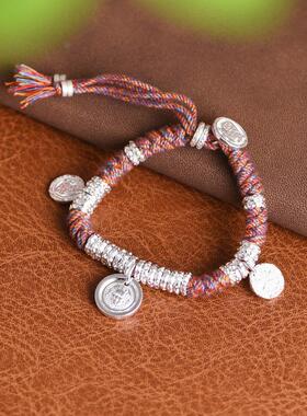 网红 足银手工编绳黄财像福字招财进宝吊饰女款盘缠手链手环